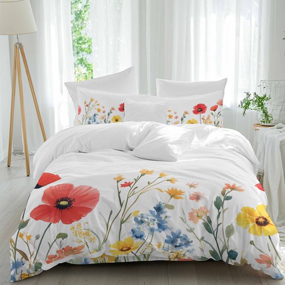 Pastoral Wild Flowers Duvet Cover Set Queen Size, Colorful Leaves Plants Floral 4 Piece Soft Microfiber Bedding Set with 1 Duvet Cover, 1 Flat Sheet, 2 Pillowcases