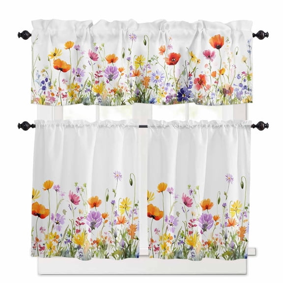 Pastoral Wild Flowers Kitchen Curtains Valances and Tiers Set of 3, 24 Inch Length Tier Curtains and Valance Rod Pocket Valance Curtains Set for Kitchen Bathroom Small Windows