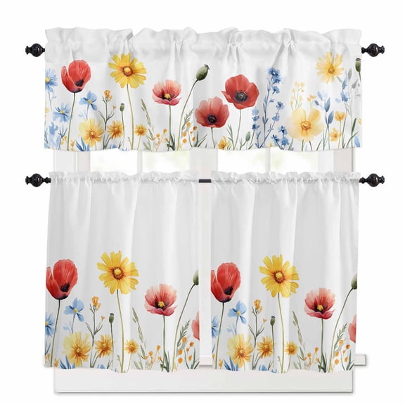 Pastoral Wild Flowers Kitchen Curtains Valances and Tiers Set of 3, 24 Inch Length Tier Curtains and Valance Rod Pocket Valance Curtains Set for Kitchen Bathroom Small Windows