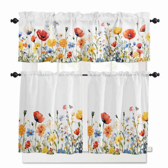 Pastoral Wild Flowers Kitchen Curtains Valances and Tiers Set of 3, 24 Inch Length Tier Curtains and Valance Rod Pocket Valance Curtains Set for Kitchen Bathroom Small Windows