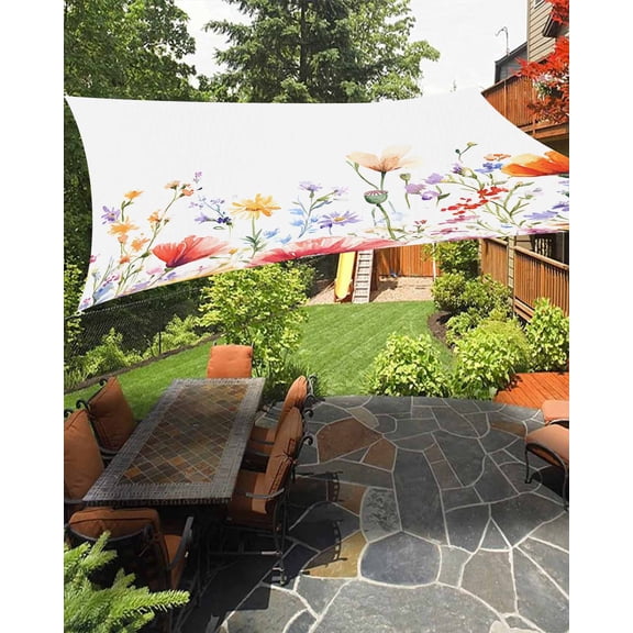 Pastoral Wild Flowers Waterproof Sun Shade Sail Farmhouse Floral Leaves Plants Outdoor Patio Sun Shades Canopy UV Block Waterproof Sunshade for Garden Backyard Deck Pergola 6.5x10 Ft