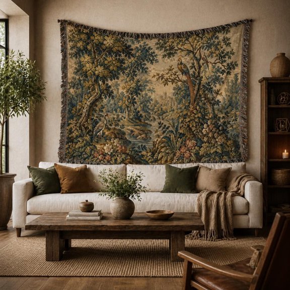 Pastoral Woodland Birds and Stream, Olive Green and Tan Woven Throw Blanket, 100% Cotton, Fringed Edges, Living Room Decor