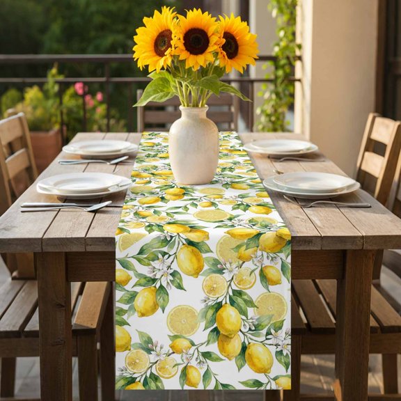 Pastoral Yellow Lemon Leaves Table Runner 36 Inches Long,Kitchen Dining Tablerunners Summer Wildflower Leaves Linen Table Runners Dresser Scarves for Home Dinner Wedding Holiday Party Decor