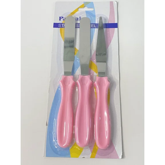 Pastry Cake Decorating 3 Piece Set Angled Spatula Pink & Stainless Steel