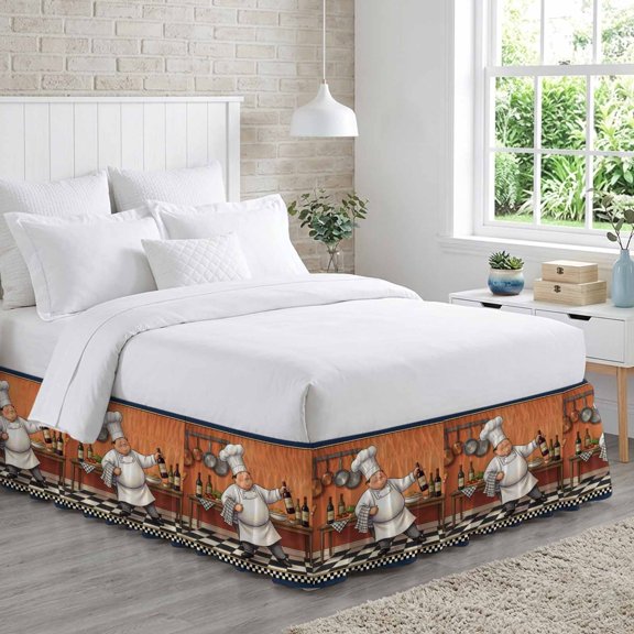 Pastry Chef Bed Skirt King Size 16 Inch Drop, Art Gourmet Kitchen Cooking Vibe Theme Adjustable Elastic Dust Ruffles Bedskirt for King Bed Wrap Around Pleated Mattress Frame Cover