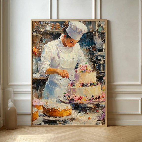 Pastry Chef Cake Decorating Art Print Kitchen Impressionist