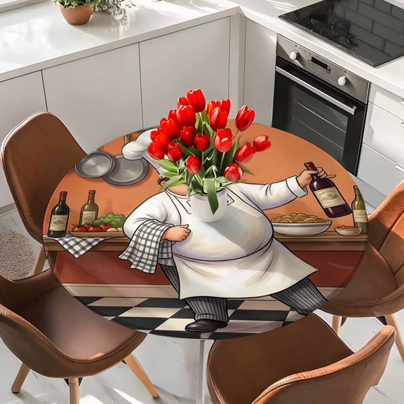 Pastry Chef Gourmet Kitchen Round Fitted Tablecloth with Elastic Edge,Waterproof Table Cloth Fits Tables Up to 36"-44",Wipeable Table Cover for Indoor Outdoor Dinning Party,Wine White Black Plaid