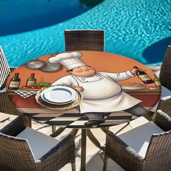 Pastry Chef Gourmet Kitchen Round Fitted Tablecloth with Elastic Edge,Waterproof Table Cloth Fits Tables Up to 45"-54",Wipeable Table Cover for Indoor Outdoor Dinning Party,Wine White Black Plaid