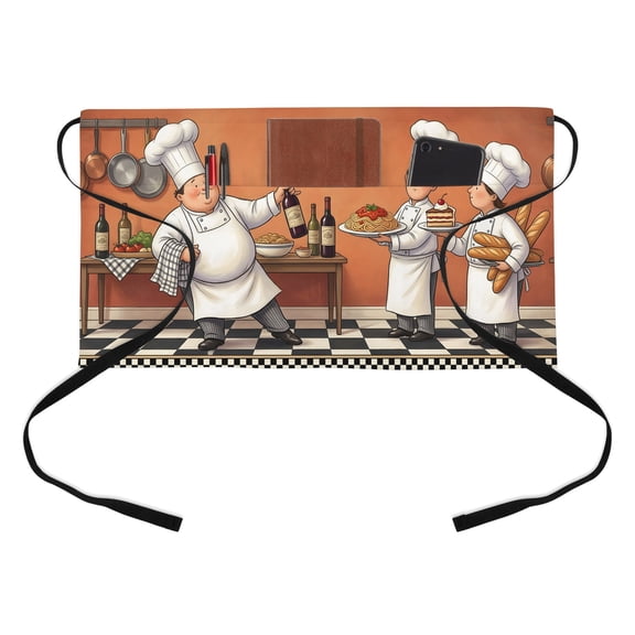 Pastry Chef Kitchen Restaurant Half Waist Apron, Art Gourmet Kitchen Cooking Vibe Theme Server Short Apron with 3 Pockets Waterproof Oil Waist Aprons for Women Waitress Waiter
