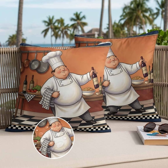 Pastry Chef Outdoor Waterproof Throw Pillow Covers Set of 2, 16"x16", Art Gourmet Kitchen Cooking Vibe Theme Decorative Pillow Covers Outside Cushion Case for Patio Porch Garden