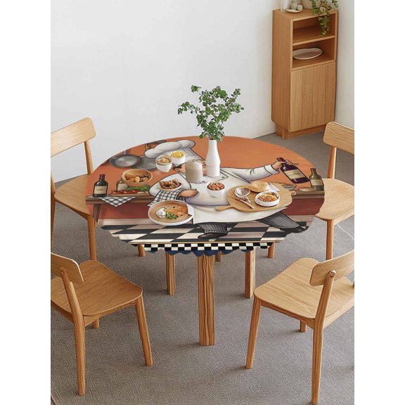 Pastry Chef Round Fitted Tablecloth with Elastic Edge, Art Gourmet Kitchen Cooking Vibe Theme Waterproof Stretch Table Covers for 36"-44" Tables Wipeable Table Cloth for Outdoor
