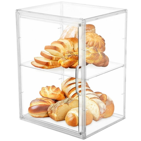 Pastry Display Case, 2-Layer Clear Bread Box with Adsorbent Door, Large Adjustable Bread Storage, Bakery Storage Container for Kitchen Countertop, Acrylic Pastry Display Box for Home Morden Decor, 10