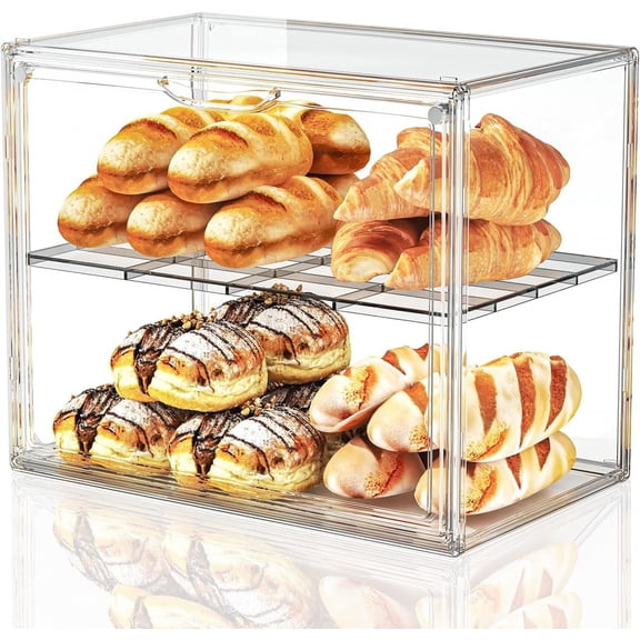 Pastry Display Case, 2 Tier Bread Box for Kitchen Countertop, Bread Container with Door, Large Bakery Display case for Breads & Muffins 15.3" L x 9.8" W x 11.4" H