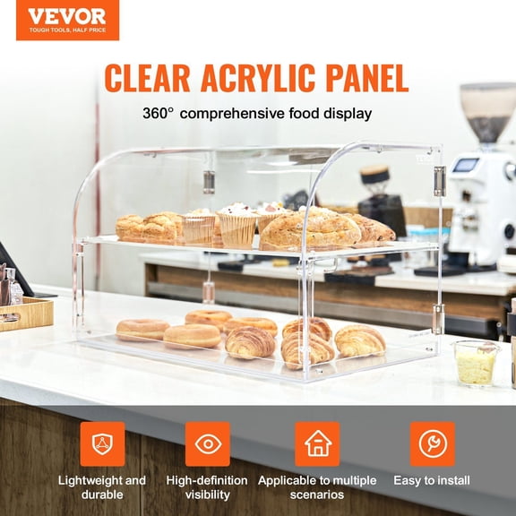 Pastry Display Case,2-Tier Commercial Countertop Bakery Display Case,Acrylic Display Box with Rear Door Access&Removable Shelves,Keep Fresh for Donut Bagels Cake Cookie,22"x14"x14"