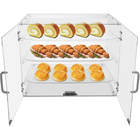Pastry Display Case, 3-Layer Bread Box For Kitchen Countertop, Clear Bread Storage Container with Magnetic Door, Large Bread Holder Bakery Display Case for Bagel Muffins, 21.3x17.3x16.5 Inch