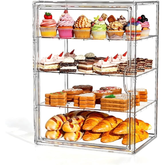 Pastry Display Case, 3 Tier Bread Box for Kitchen Countertop, Cookie Display Stand with Door, Large Bakery Display case for Cupcakes & Desserts 10.63''L x 8.66" W x 14.17" H