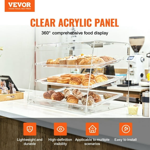 Pastry Display Case,3-Tier Commercial Countertop Bakery Display Case,Acrylic Display Box with Rear Door Access&Removable Shelves,Keep Fresh for Donut Bagels Cake Cookie,20.7"x17"x16.3"