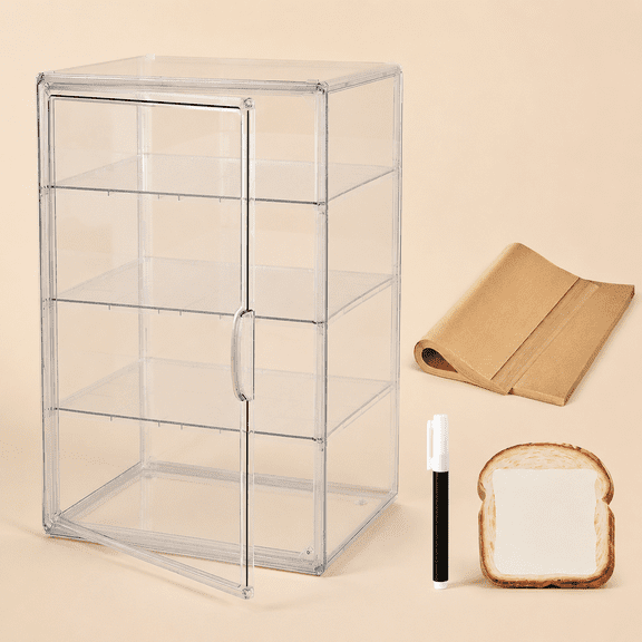 Pastry Display Case, Large Bakery Cookie Display Stand for Kitchen Countertop, 4 Layers Adjustable Clear Bread Storage with Magnetic Door Bread Box and Cupcake Kitchen Counter 15.5x11.4x9.8 Inch