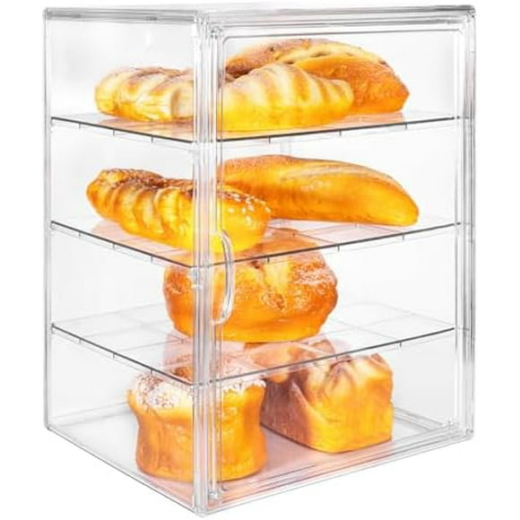Pastry Display Case Large Clear Bread for Kitchen Countertop 4 Layers Adjustable Bread Storage with Magnetic Door Food Bread Container 15.5x11.4x9.8inch