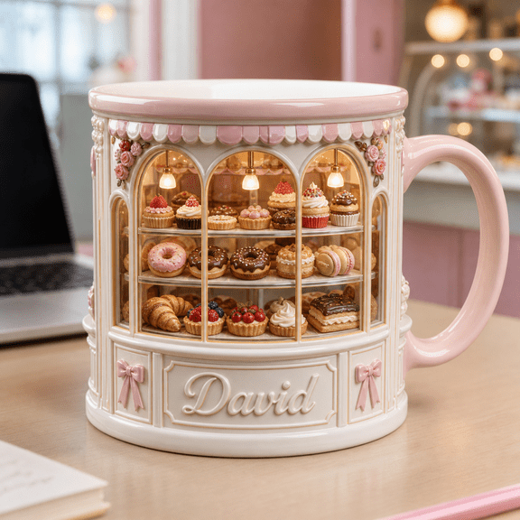 Pastry Display Mug, Custom Mug, 2D Printed 3D Effect, Personalized Mug, Pink Bakery Showcase Mug, Croissant Donut Macaron Mug, Sweet Dessert Gift, Cute Kitchen Decor Gifts for Women Her Home Shop