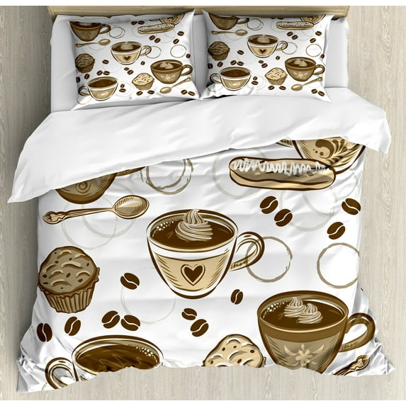 Pastry Duvet Cover Set, Coffee Cups and Beans Cupcakes Bakery Goods Dessert Cafe Cappuccino Graphic, Decorative 3 Piece Bedding Set with 2 Pillow Shams, King Size, Brown Beige White, by Ambesonne
