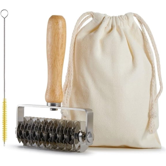 Pastry Lattice Roller Cutter, Stainless Steel Dough Lattice Roller Cutter for Beef Wellington Fishnet Crust Top Cookie Pie Pizza Bread,Wood Handle