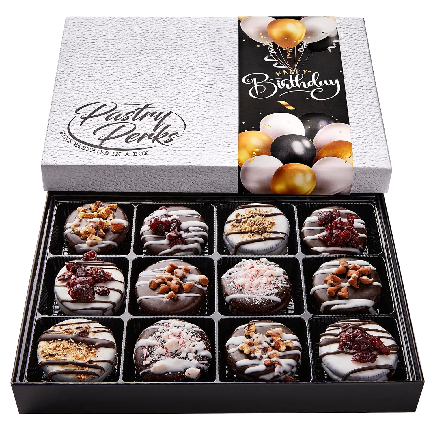 Pastry Perks 12 Gourmet Chocolate-Covered Cookies, Happy Birthday Gift Basket – Delicious Celebration Treats for Men, Women, and Grandma – Holiday Food Delivery Gift Ideas