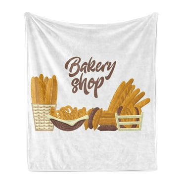 Pastry Soft Flannel Fleece Blanket, Bakery Shop Theme with Croissant Baguette Pretzel Bread Eating Muffin Food, Cozy Plush for Indoor and Outdoor Use, 50" x 70", Apricot Umber White, by Ambesonne