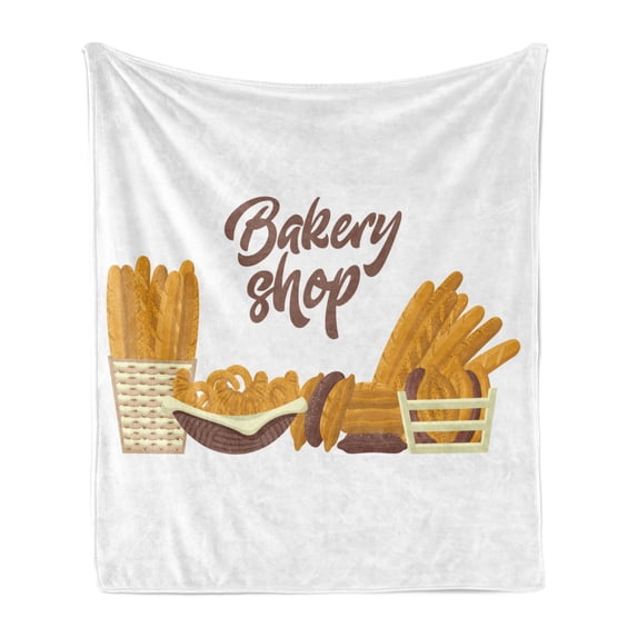 Pastry Soft Flannel Fleece Blanket, Bakery Shop Theme with Croissant Baguette Pretzel Bread Eating Muffin Food, Cozy Plush for Indoor and Outdoor Use, 50" x 70", Apricot Umber White, by Ambesonne