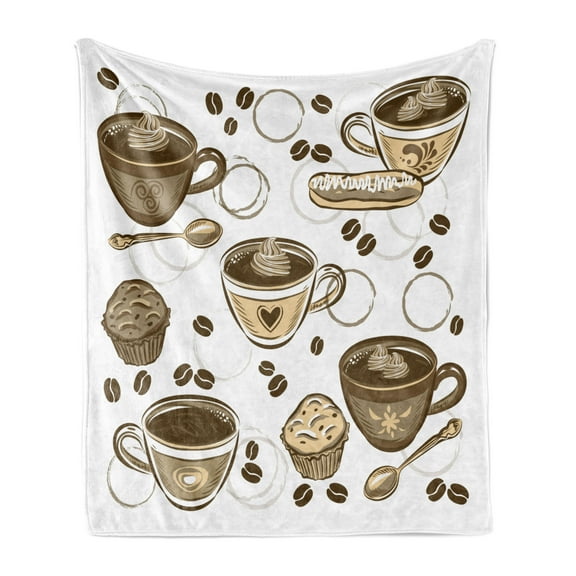 Pastry Soft Flannel Fleece Blanket, Coffee Cups and Beans Cupcakes Bakery Goods Dessert Cafe Cappuccino Graphic, Cozy Plush for Indoor and Outdoor Use, 60" x 80", Brown Beige White, by Ambesonne