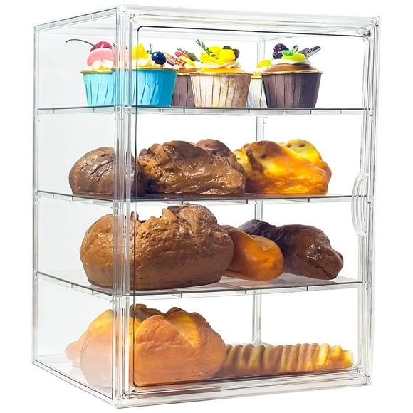 Pastry display cabinet with 4 layers of adjustable bread boxes, large transparent bread storage container, magnetic door pastry baking display cabinet, size 15.6x11.5x9.9 inches