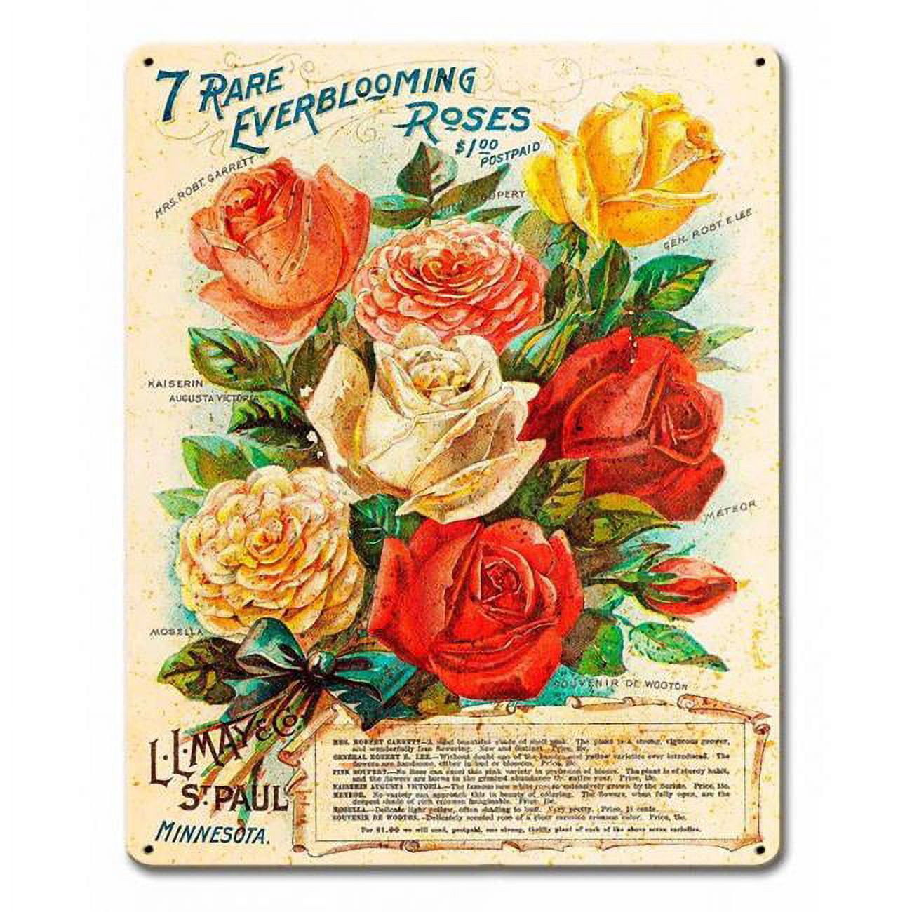 Pasttime PTSB158 12 x 15 in. Vintage Roses Metal Sign - Walmart.com