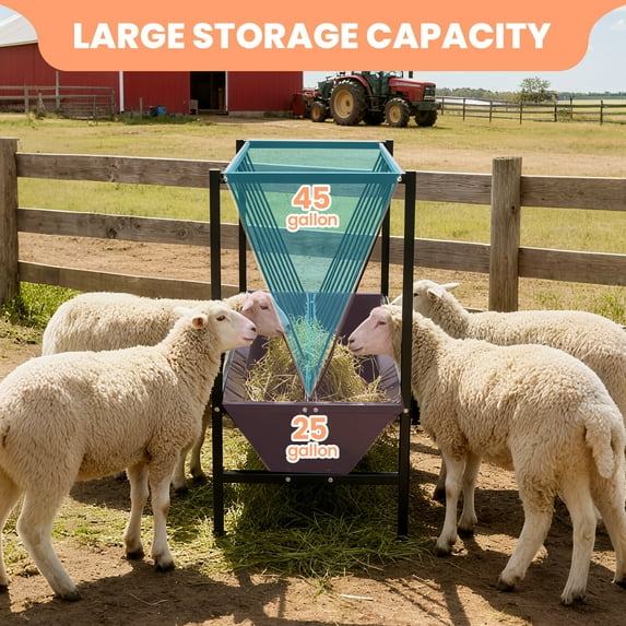 Pasture Hay Feeder 70 Gallon, Galvanized Metal 2-in-1 Livestock Feeder with 25 Gallon Feed Pan, Pasture Feeder, Metal Livestock Feeder Rack for Small Ranches, Hobby Farms, Rural Properties