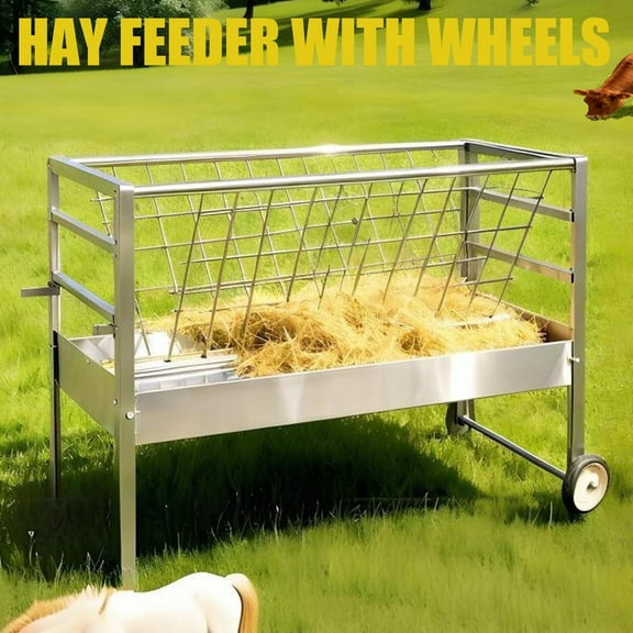 Pasture Hay Feeder Easy to Clean, Galvanized Steel Hay Feeder with 2 wheels, Single person handcart for Livestock Feeder