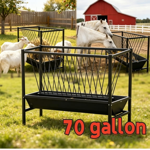 Pasture Hay Feeder, Heavy Duty Goat Hay Feeder with Bottom Tray, 70 Gallon 2-in-1 Dual Use Livestock Feeder for Farm & Ranch Animals