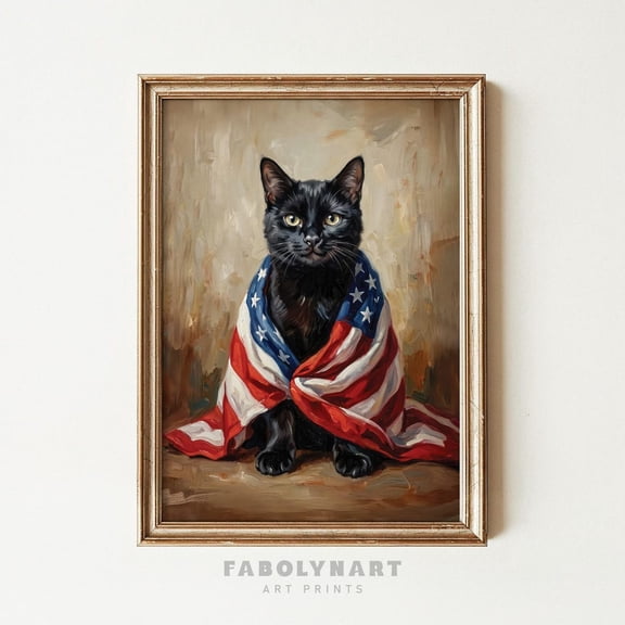 Pat Black Cat American Flag Lover, Unframed Poster