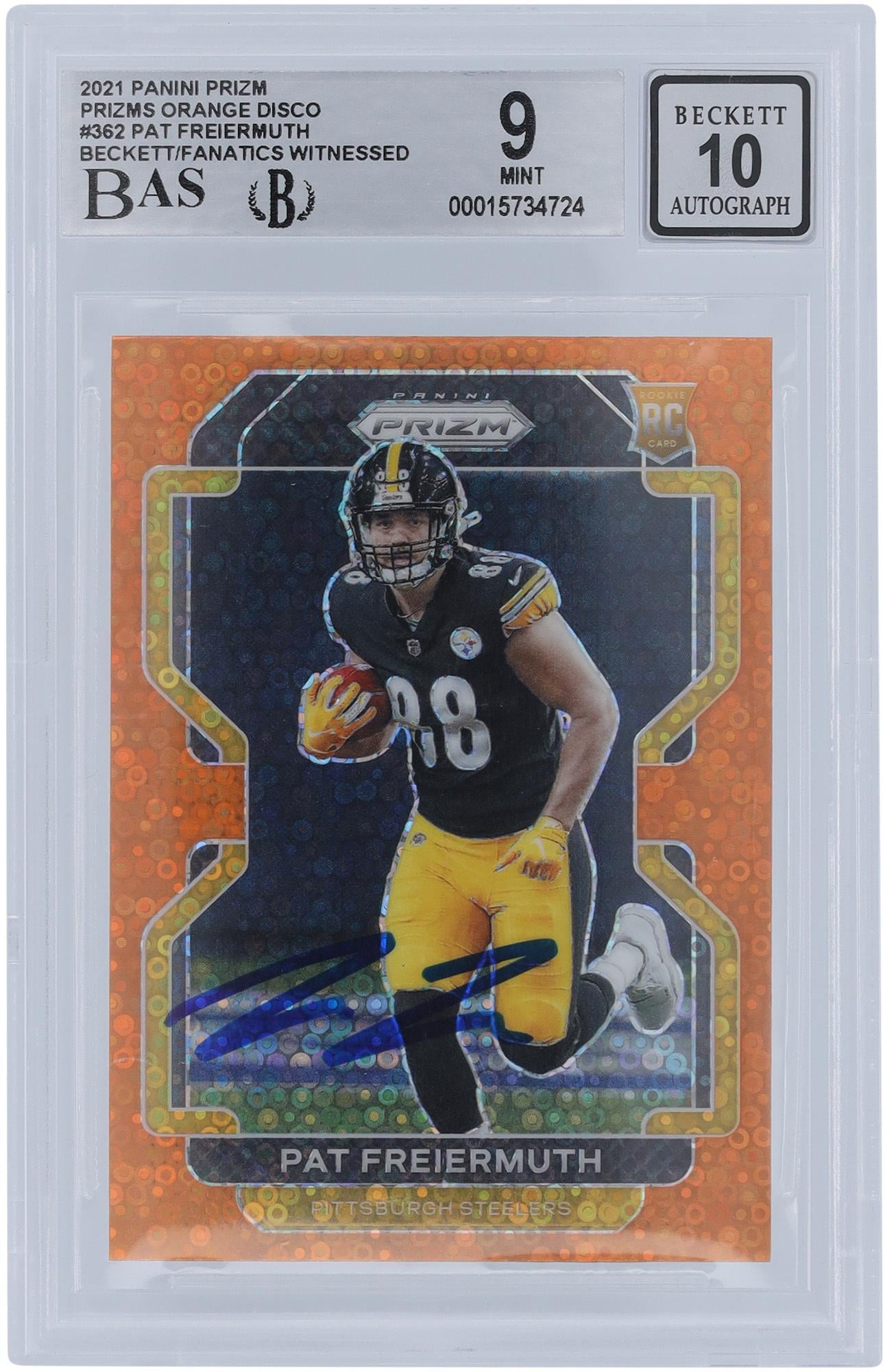 Pat Freiermuth Pittsburgh Steelers Autographed 2021 Panini Prizm Orange Disco #362 Beckett Fanatics Witnessed Authenticated 9/10 Rookie Card - Fanatics Authentic Certified