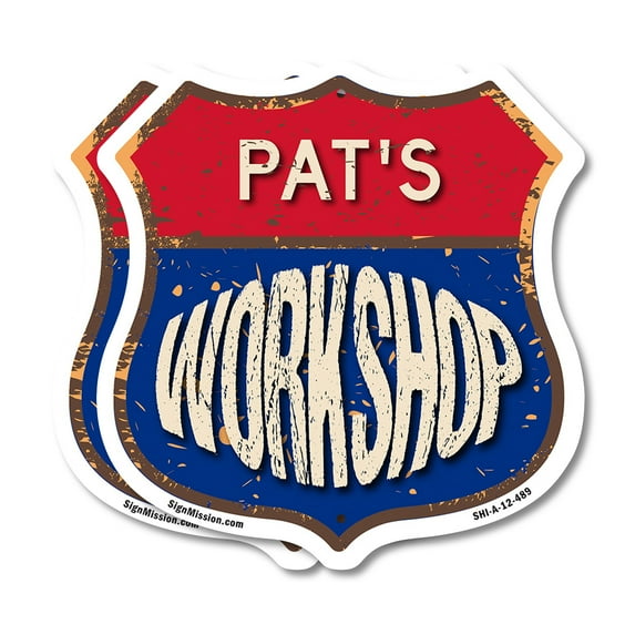 Pat's Workshop (2 Pack) 12 inch X 12 inch Shield Shaped Commercial Grade Plastic Signs Weather Resistant, UV Protected To last, Gift for Dads and Uncles Classic Americana Crafted in the