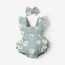 PatPat 100% Cotton 2pcs Daisy Print Crepe Fabric Baby Romper Set,Slutter Sleeveless Short Jumpsuit with Headband Summer Clothes Outfit,0-12Month
