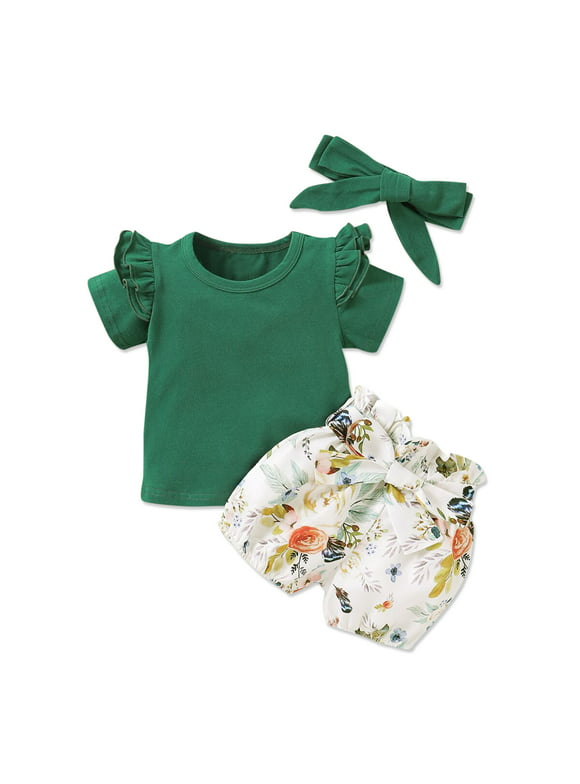PatPat 100% Cotton 3pcs Summer Top Shirts Shorts Baby Girl Outfit Set, 0-3 Months