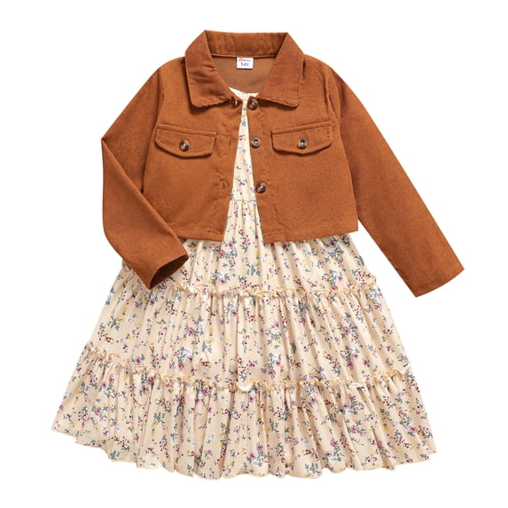 PatPat 2 Pieces Kid Girl Outfits Long Sleeve Jacket and Floral Print Slip Dress Set Size 5-12