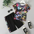 thumbnail image 1 of PatPat Summer Boys Clothes 2 Piece Kid Boy Painting Print Short Sleeve Graphic Tee and Shorts Set, Black, 9-10 Years, 1 of 7