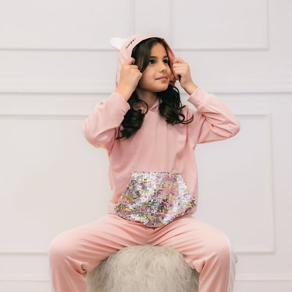 PatPat Girls 2 Pieces Outfit Sets Sequined Pocket Embroidered Ear Design Hoodies Sweatshirts and Colorblock Pants Set Sizes 4-12