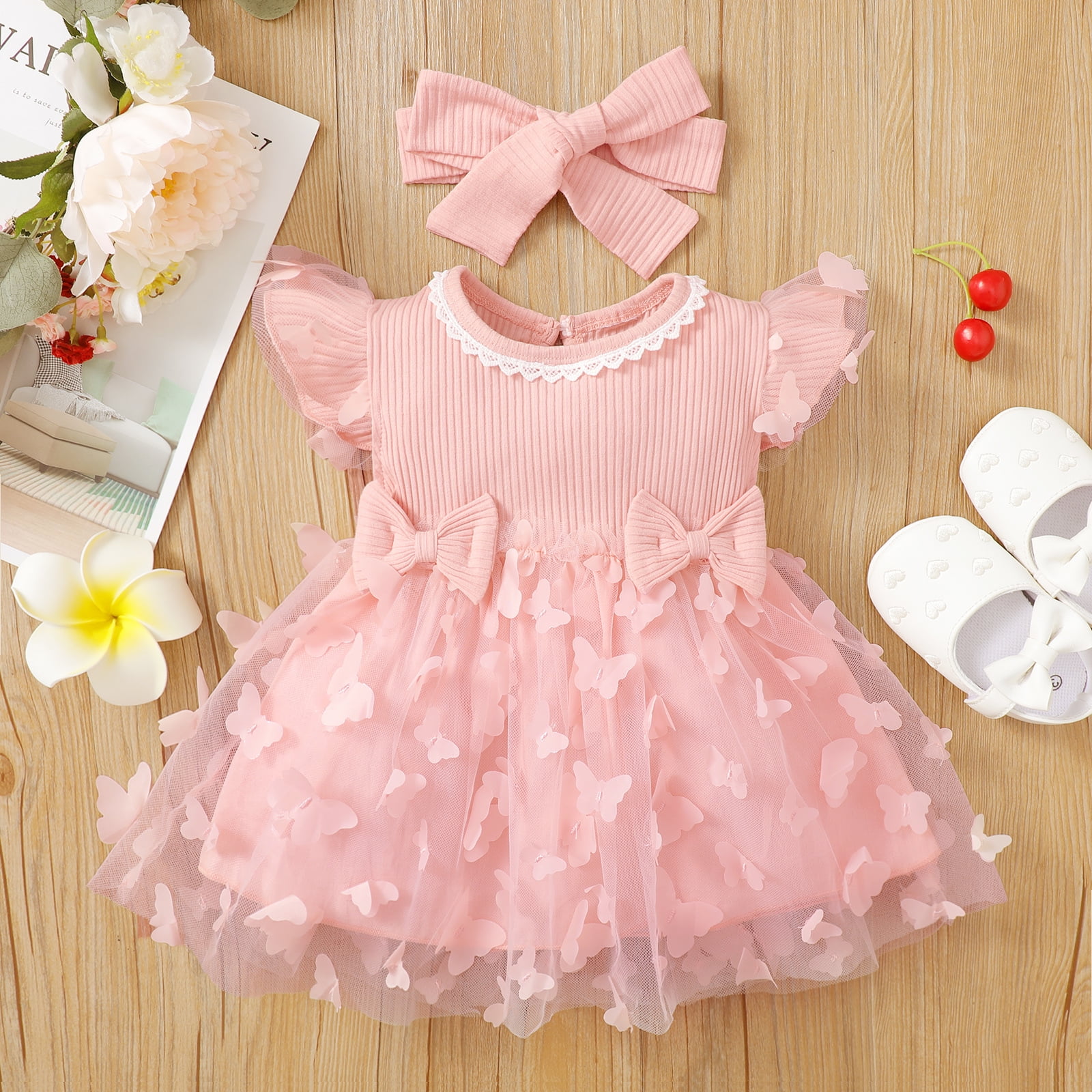 Baby Girl Allover Pink Butterfly Appliques Design Mesh Puff-sleeve