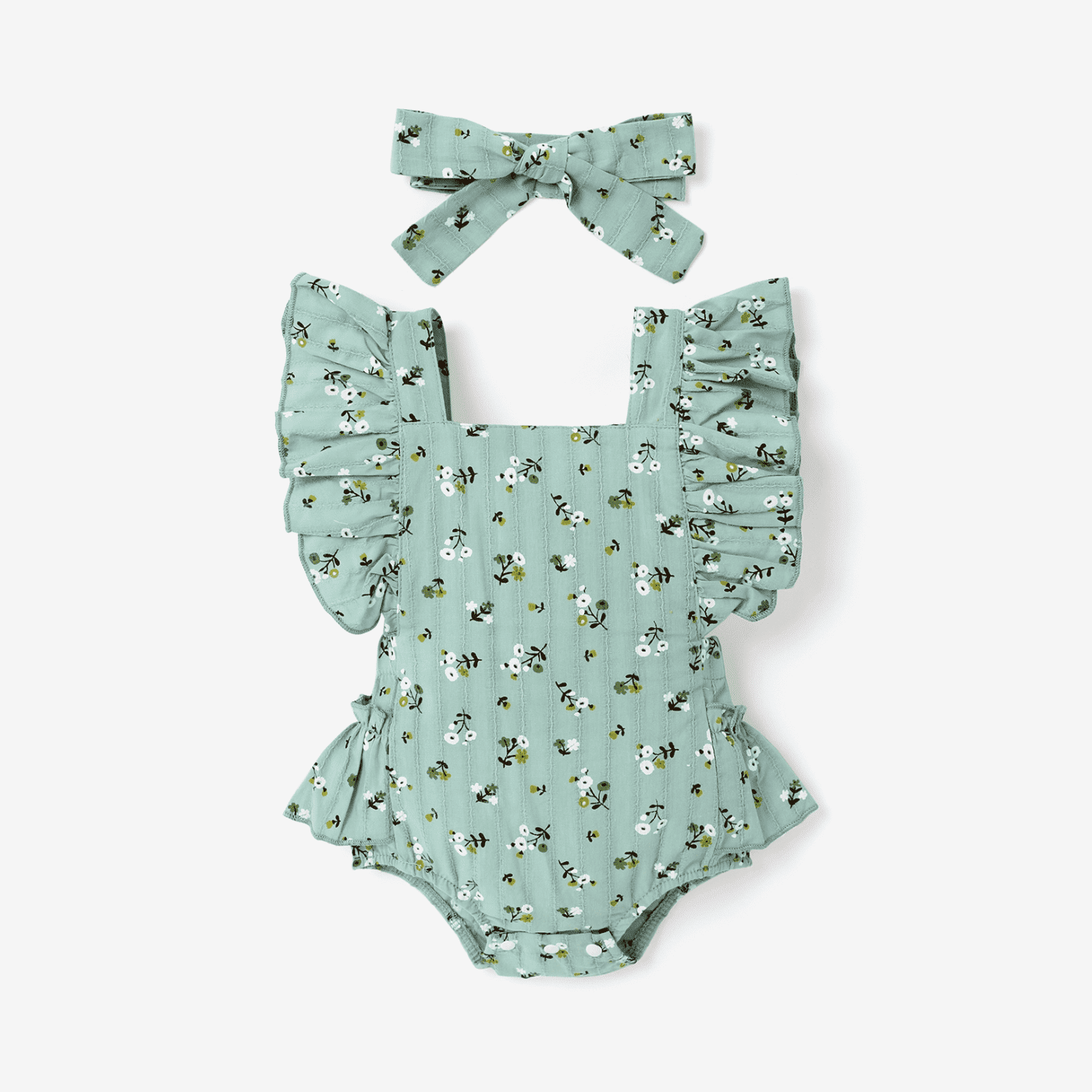 Babyhug 100 % Cotton Sleeveless Knit Romper & Hairband with Floral Print - White & Blue main image 0