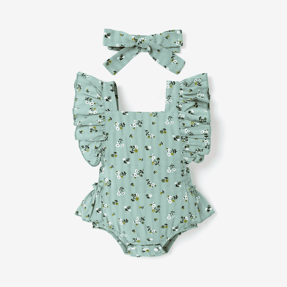 PatPat 2pcs Baby Girl Allover Floral Print Ruffle Trim Sleeveless Romper & Headband Set