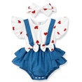thumbnail image 1 of PatPat Baby Girl Clothes One-piece Heart Print Bodysuit with Headband Denim Suspender Style Ruffle Romper Outfit 12-18 Months, 1 of 8