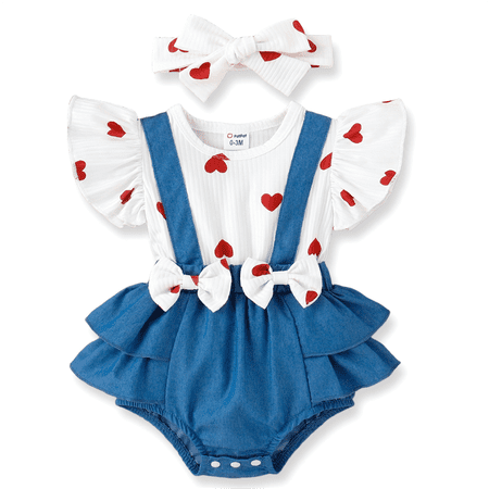 PatPat Baby Girl Clothes One-piece Heart Print Bodysuit with Headband Denim Suspender Style Ruffle Romper Outfit 6-9 Months