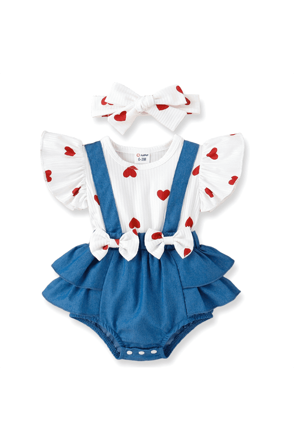Baby Girl Clothes One-piece Heart Print Bodysuit with Headband Denim Suspender Style Ruffle Romper Outfit 9-12 Months