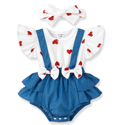 PatPat Baby Girl Clothes One-piece Heart Print Bodysuit with Headband Denim Suspender Style Ruffle Romper Outfit 0-3 Months